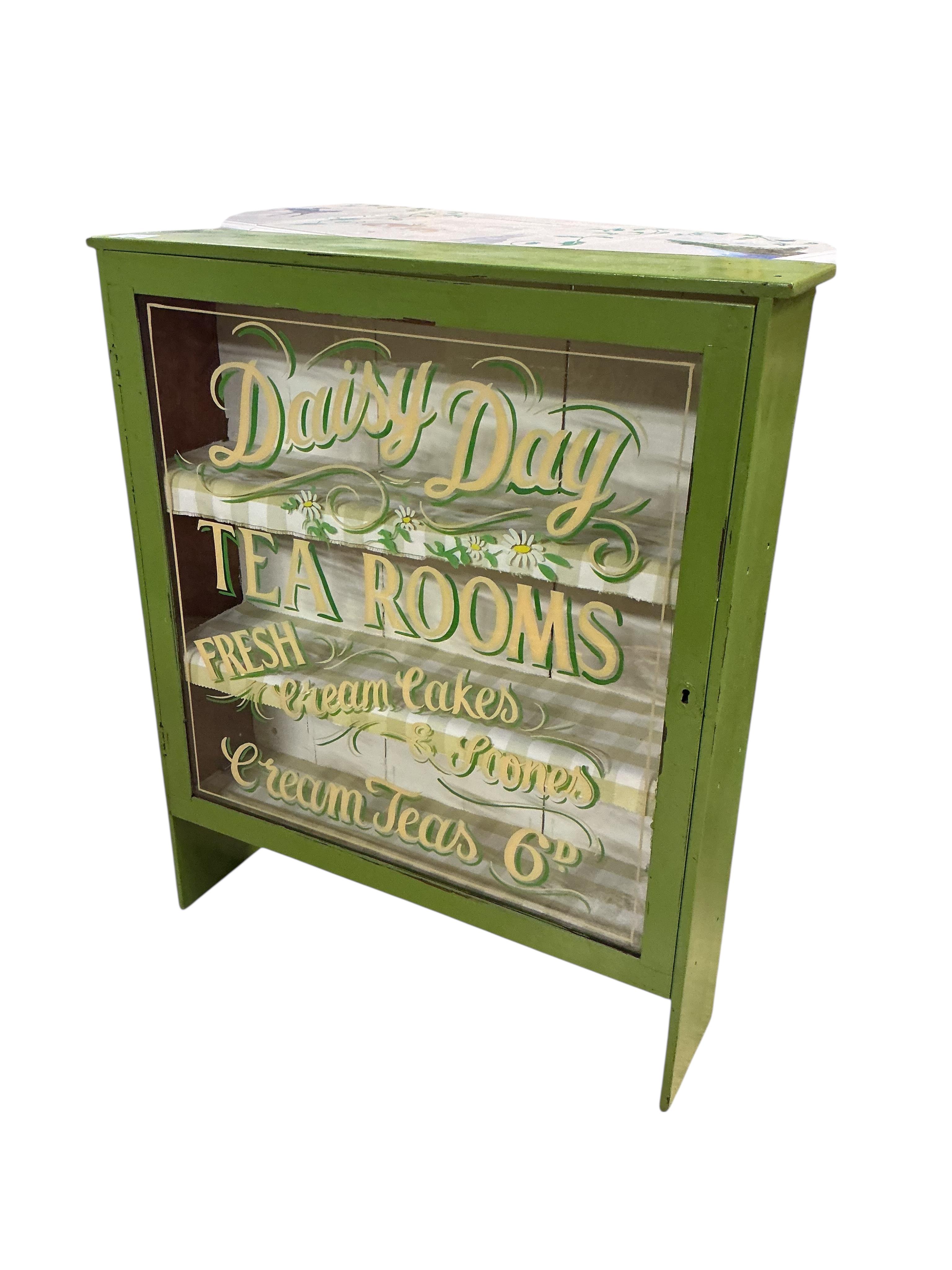 A vintage style Daisy Day Tea Rooms display cabinet, width 72cm, depth 17cm, height 85cm